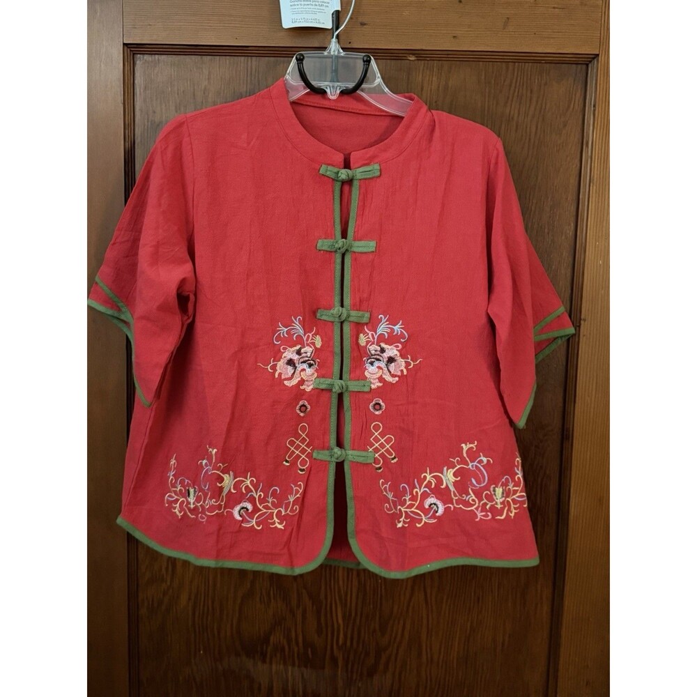 Retro Floral Embroidery Chinese Style Cotton Linen Blend Shirt Top Red